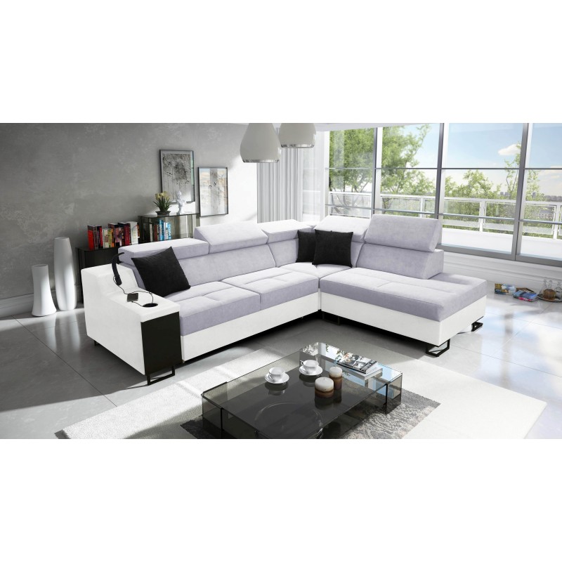 Narożnik Avanti VII z funkcją spania oraz lampką z portem usb tkanina Sawana 84 + Ecoskóra