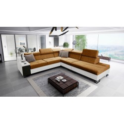 Avanti IX corner sofa with sleeping function and USB port lamp, fabric Whisper 3 + black eco-leather