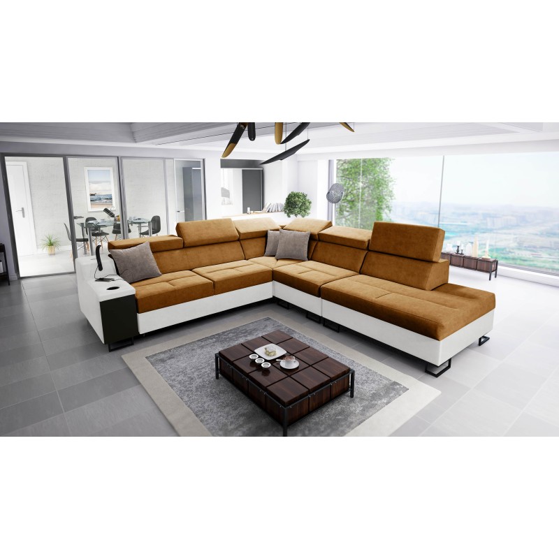 Ecksofa Avanti IX mit Schlaffunktion und Lampe mit USB-Anschluss, Stoff Whisper 3 + schwarzes Kunstleder