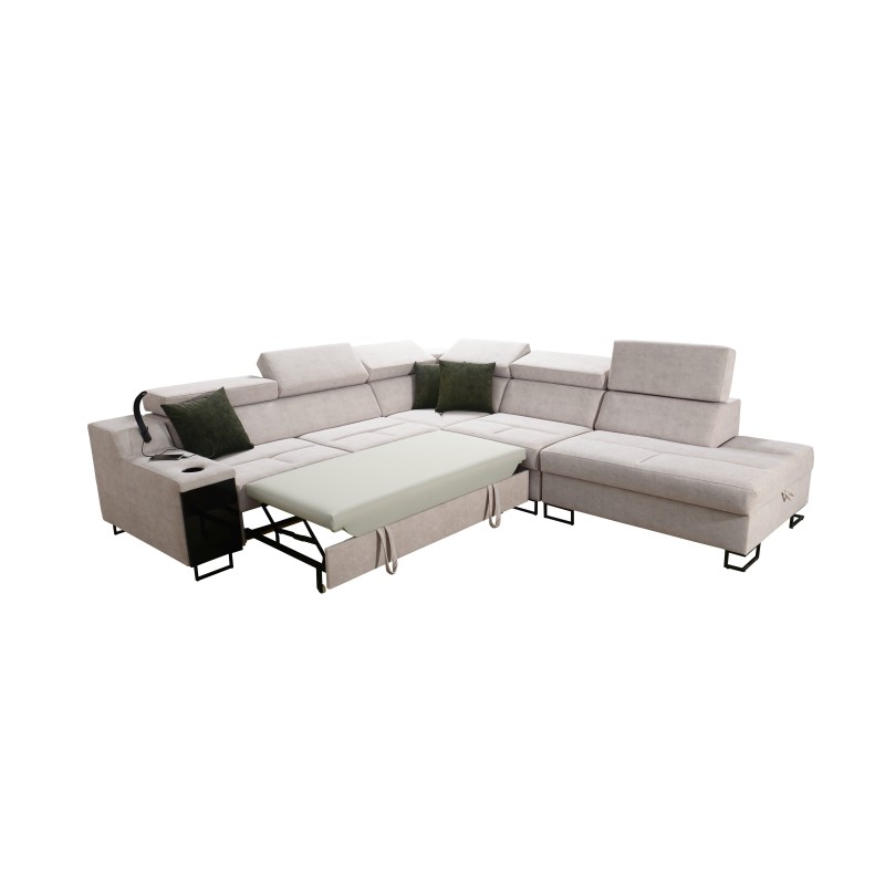 Avanti IX corner sofa with a sleeping function and a lamp with a USB port, fabric Whisper 5 + Eco-leather