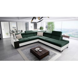 Avanti IX corner sofa with a sleeping function and a lamp with a USB port, fabric Whisper 5 + black eco-leather