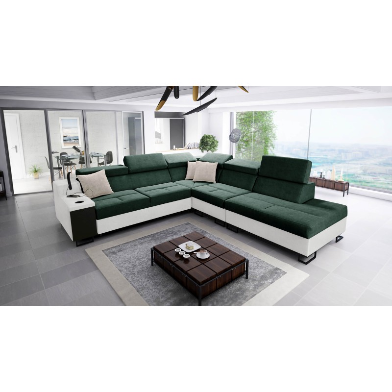 Ecksofa Avanti IX mit Schlaffunktion und Lampe mit USB-Anschluss, Stoff Whisper 5 + schwarzes Kunstleder