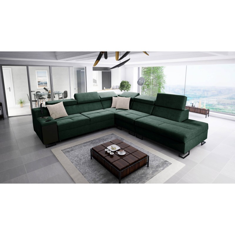 Ecksofa Avanti IX mit Schlaffunktion und Lampe mit USB-Anschluss, Stoff Whisper 9 + Ökoleder