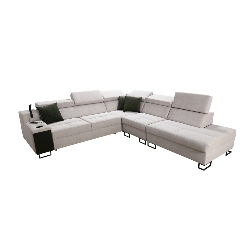 Avanti IX corner sofa with a sleeping function and a lamp with a USB port, fabric Whisper 9 + Eco leather