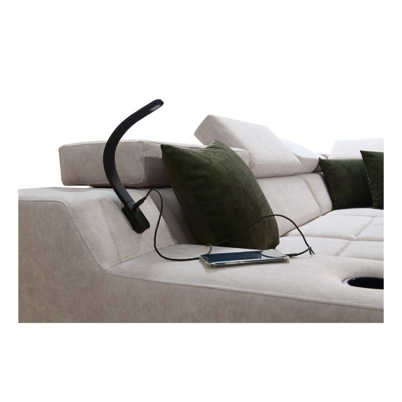 Avanti IX corner sofa with a sleeping function and a lamp with a USB port, fabric Whisper 9 + Eco leather