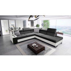 Ecksofa Avanti IX mit Schlaffunktion und Lampe mit USB-Anschluss, Stoff Whisper 9 + schwarzes Kunstleder