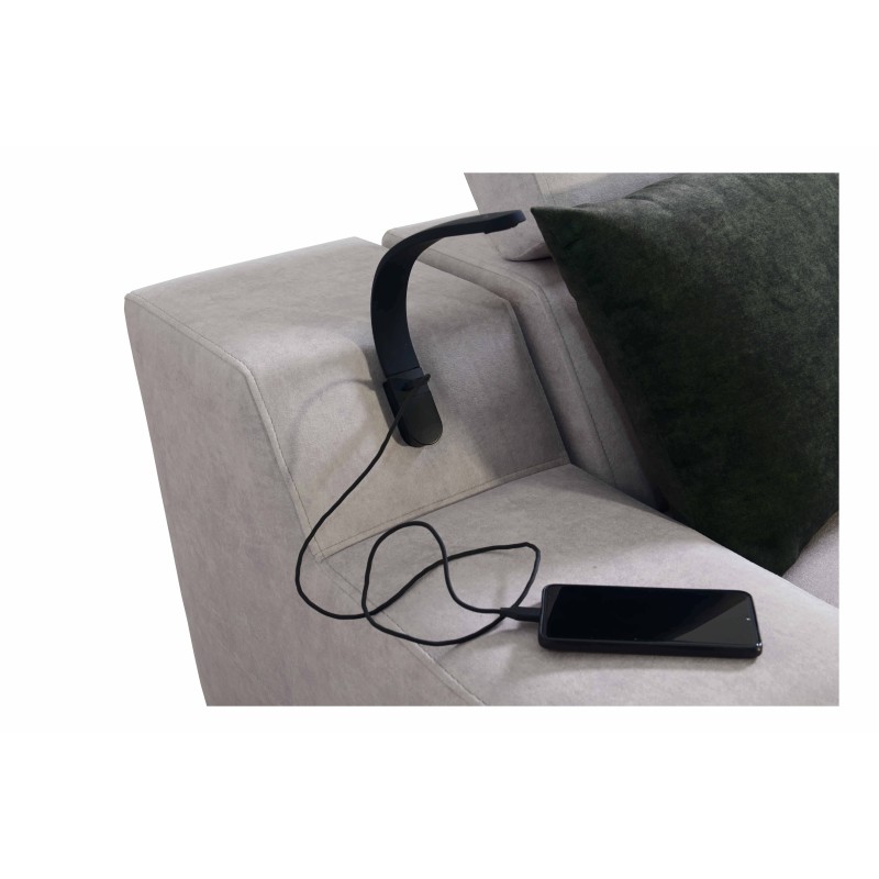Avanti IX sectional sofa with a sleeping function and a lamp with a USB port, Whisper 11 fabric + black eco-leather
