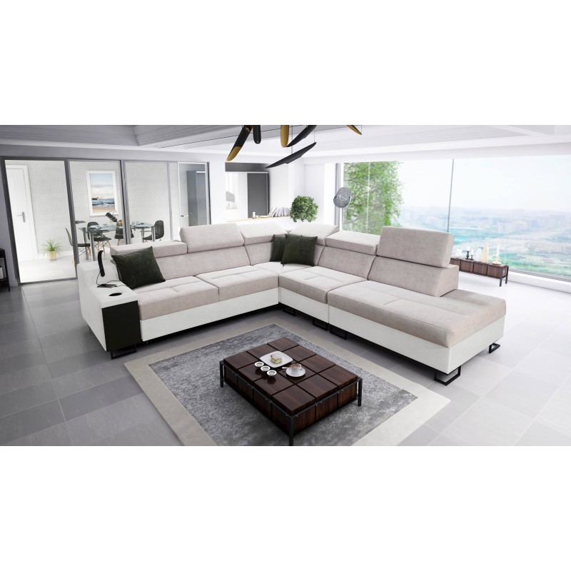 Ecksofa Avanti IX mit Schlaffunktion und Lampe mit USB-Anschluss Stoff Whisper 11 + Kunstleder
