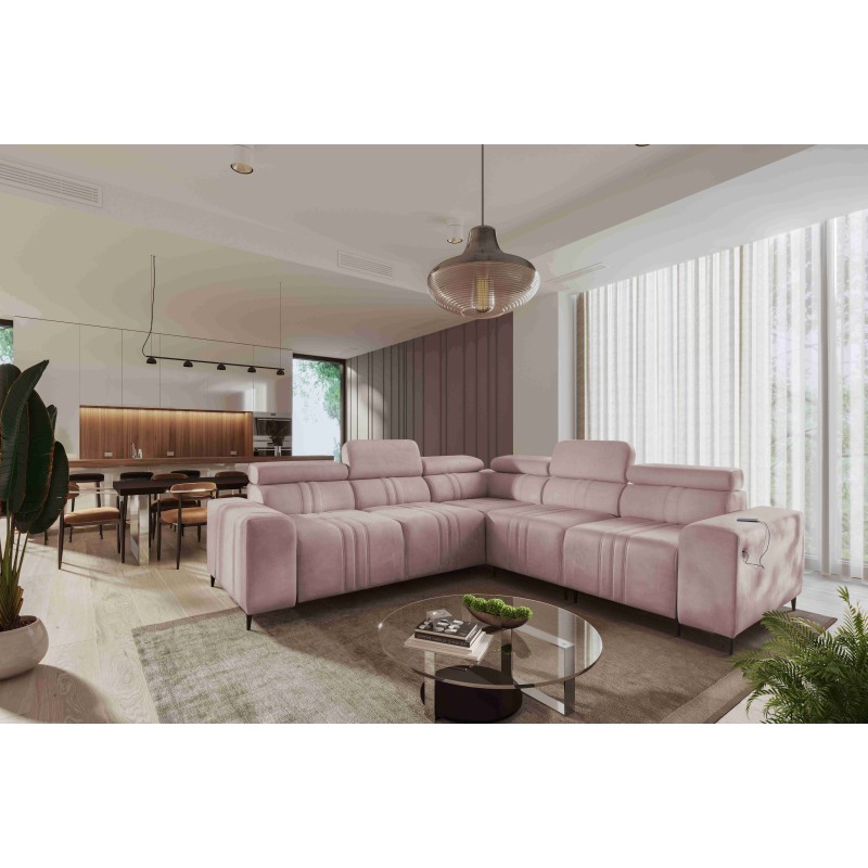 Sofá esquinero Verona III con función de cama en tejido de terciopelo, Vena 10: elegancia y funcionalidad en un solo mueble.