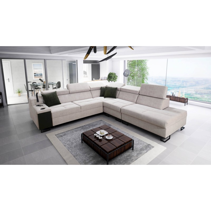 Avanti IX corner sofa with a sleeping function and a lamp with a USB port, fabric Whisper 25 + Eco-leather