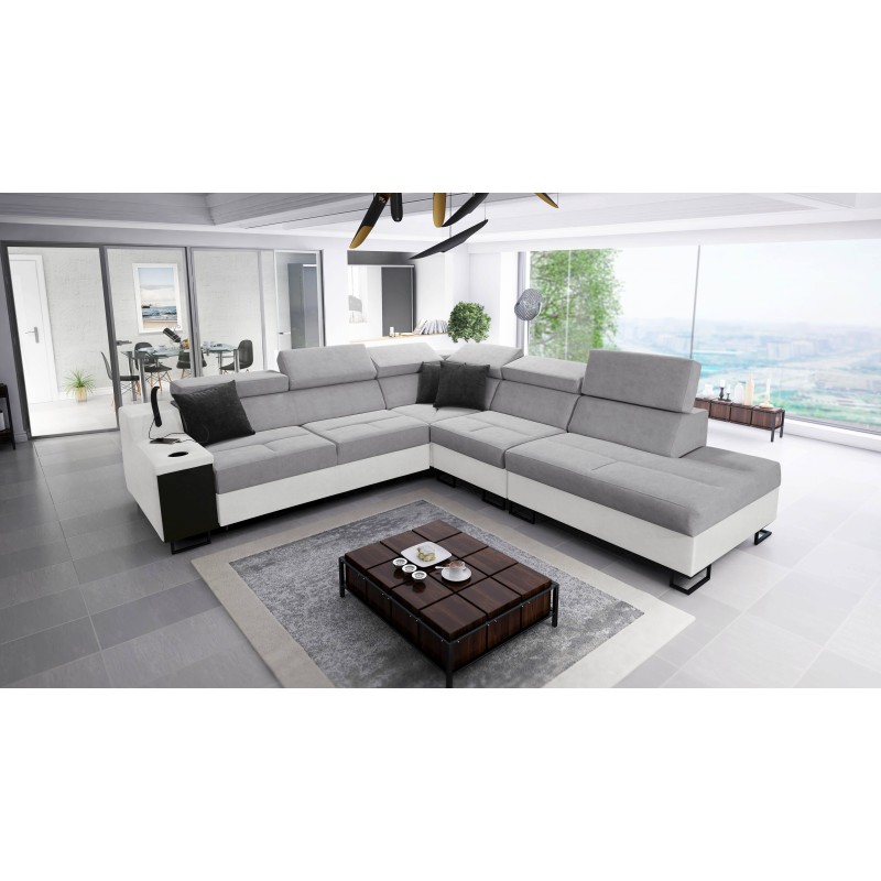Avanti IX corner sofa with sleeping function and a lamp with a USB port, fabric Sawana 84 + Eco-leather