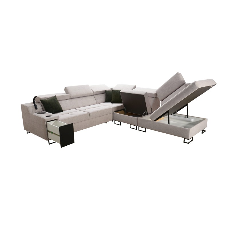 Das Ecksofa Avanti IX mit Schlaffunktion und Lampe mit USB-Anschluss, Stoff Sawana 84 + Kunstleder.