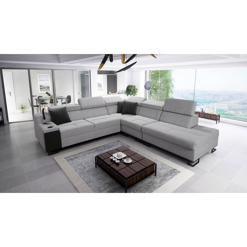 Ecksofa Avanti IX mit Schlaffunktion und Lampe mit USB-Anschluss Stoff Sawana 96 + Kunstleder