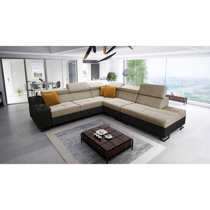 Ecksofa Avanti IX mit Schlaffunktion und Lampe mit USB-Anschluss Stoff Sawana 14 + Kunstleder