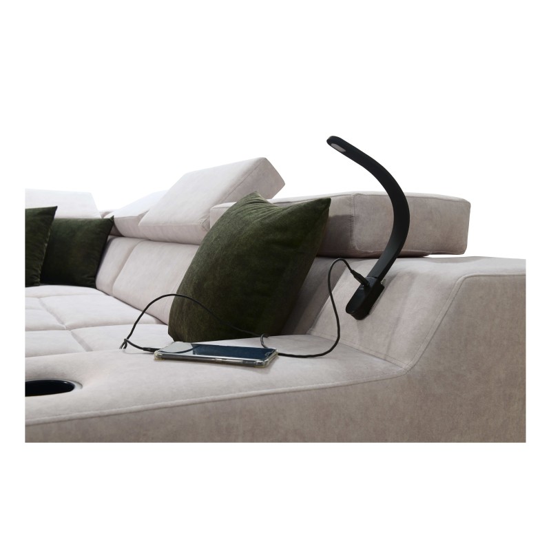 Sofá esquinero Avanti IX con función de cama y lámpara con puerto USB, tela Whisper 3 + ecopiel.