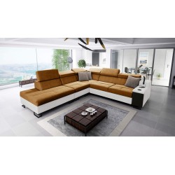 Avanti IX corner sofa with sleeping function and USB port lamp, fabric Whisper 3 + black eco-leather