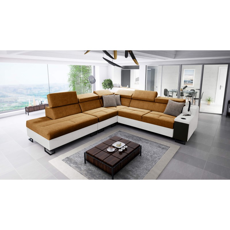 Avanti IX corner sofa with sleeping function and USB port lamp, fabric Whisper 3 + black eco-leather