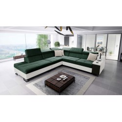 Avanti IX corner sofa with a sleeping function and a lamp with a USB port, fabric Whisper 5 + black eco-leather