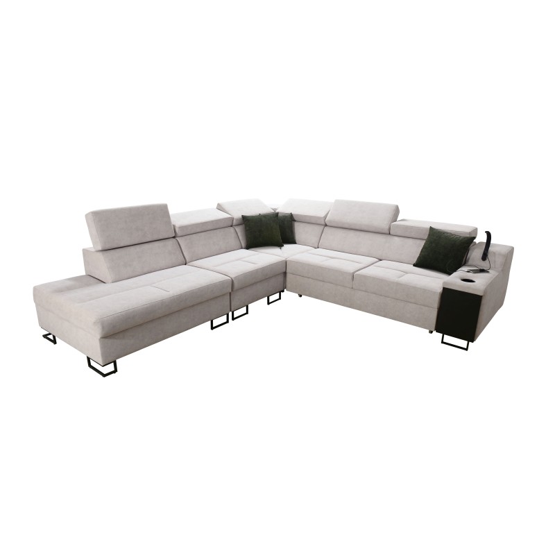 Avanti IX corner sofa with a sleeping function and a lamp with a USB port, fabric Whisper 9 + Eco leather