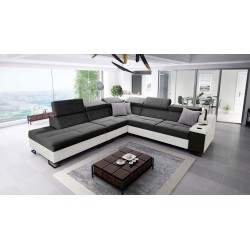 Avanti IX corner sofa with sleeping function and lamp with USB port, fabric Whisper 9 + black eco-leather