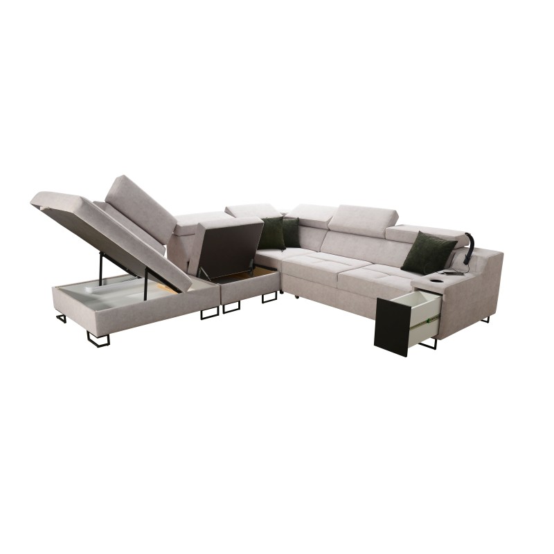 Ecksofa Avanti IX mit Schlaffunktion und Lampe mit USB-Anschluss, Stoff Whisper 11 + schwarzes Kunstleder