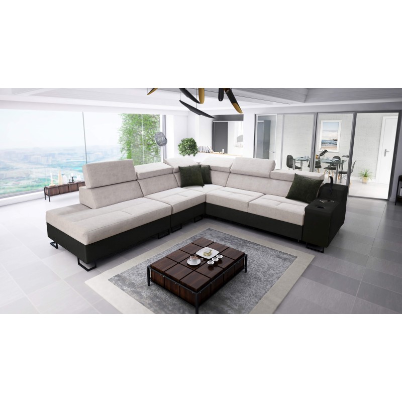 Ecksofa Avanti IX mit Schlaffunktion und Lampe mit USB-Anschluss, Stoff Whisper 25 + Kunstleder