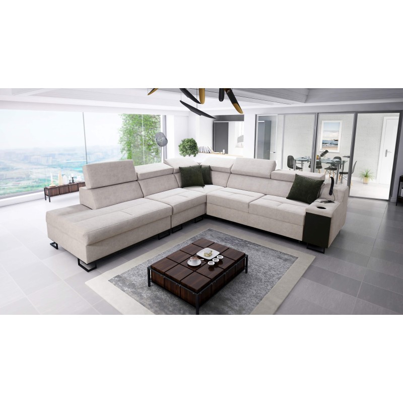 Ecksofa Avanti IX mit Schlaffunktion und Lampe mit USB-Anschluss, Stoff Whisper 25 + Kunstleder