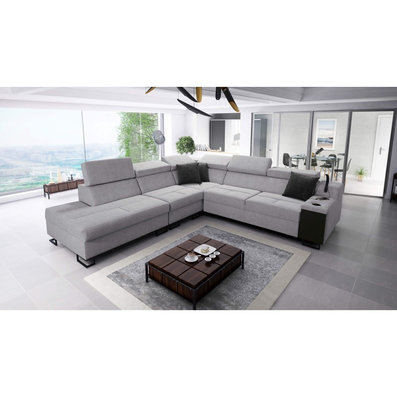 Esquina Avanti IX con función de cama y lámpara con puerto USB, tela Sawana 96 + Ecocuero.