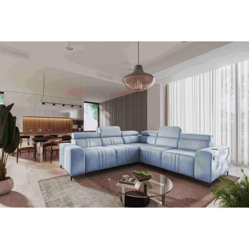 Esquinero Verona III con función de cama en tela de terciopelo, Vena 6: elegancia y funcionalidad en un solo mueble