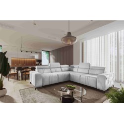 Esquinero Verona III con función de cama en tela de terciopelo, Vena 3: elegancia y funcionalidad en un solo mueble.