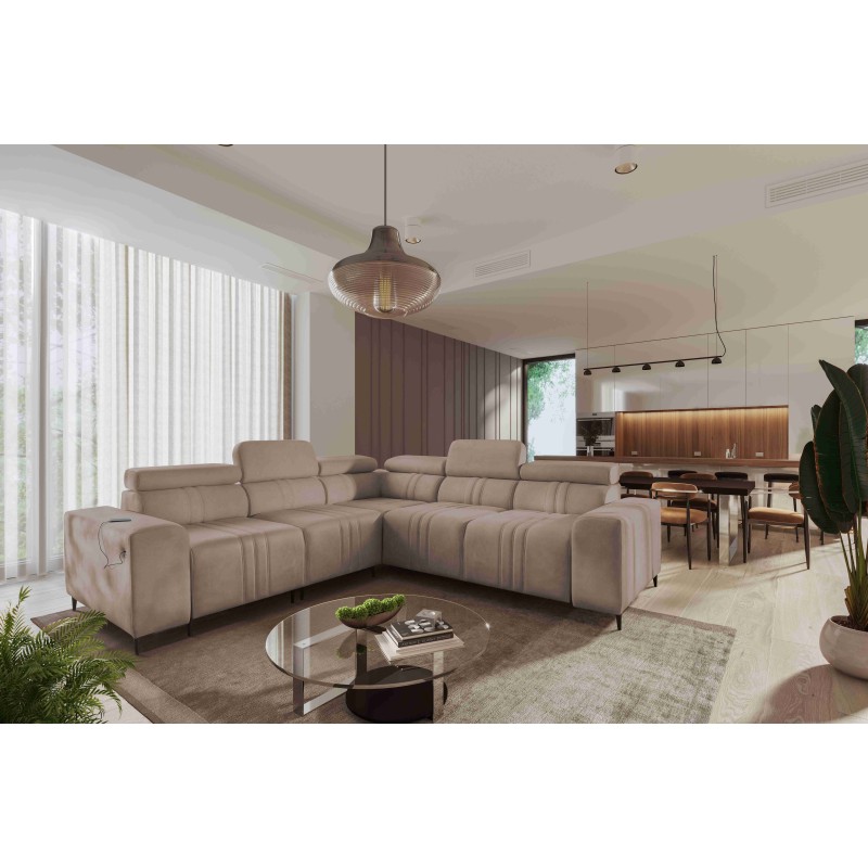 Esquina Verona III con función de cama en tela de terciopelo, Vena 14: elegancia y funcionalidad en un solo mueble.