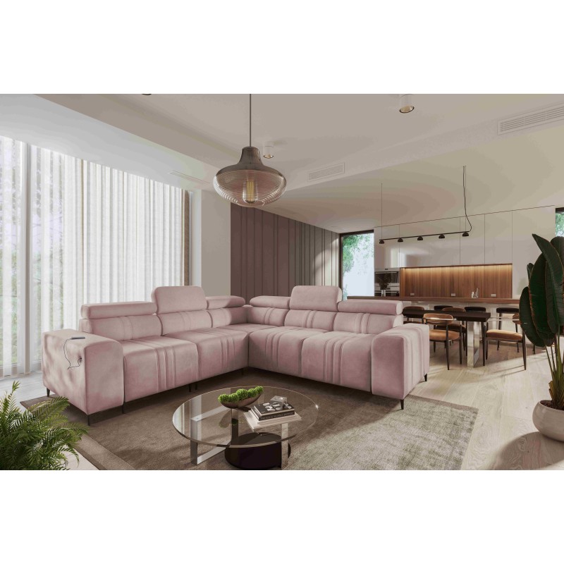 Sofá esquinero Verona III con función de cama en tejido de terciopelo, Vena 10: elegancia y funcionalidad en un solo mueble.