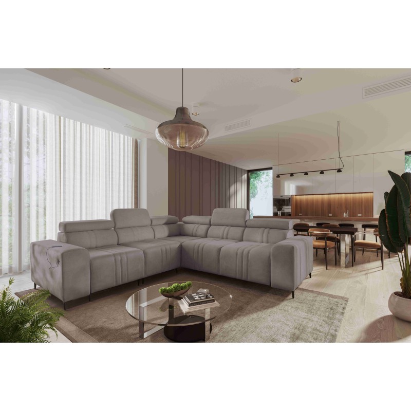 Esquina Verona III con función para dormir en tejido de terciopelo, Vena 8: elegancia y funcionalidad en un solo mueble.