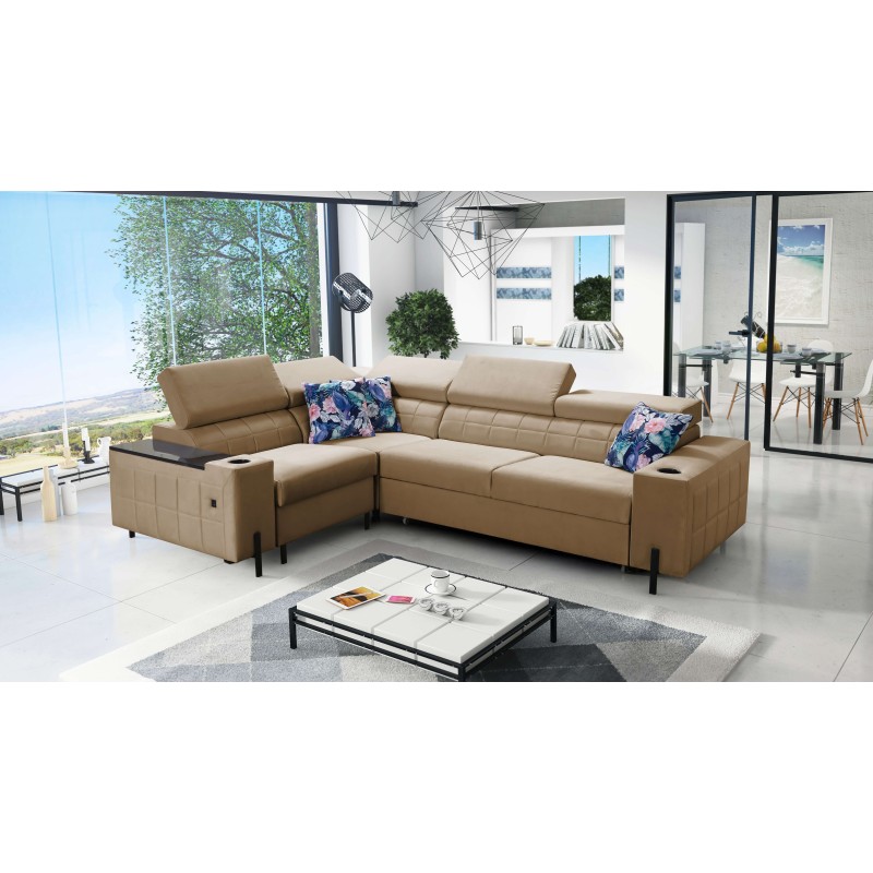 Zetta II corner sofa with sleeping function, bar, storage for bedding, and USB port - Velvet, Jaguar 2176
