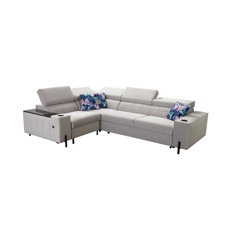 Sofá esquinero Zetta II con función de cama, bar, contenedor para ropa de cama y puerto USB - Velvet, Jaguar 2171