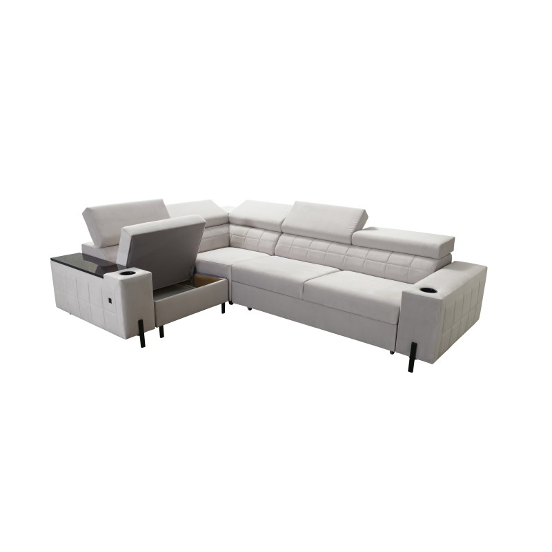 Zetta II corner sofa with a sleeping function, bar, storage for bedding, and USB port - Velvet, Jaguar 2167
