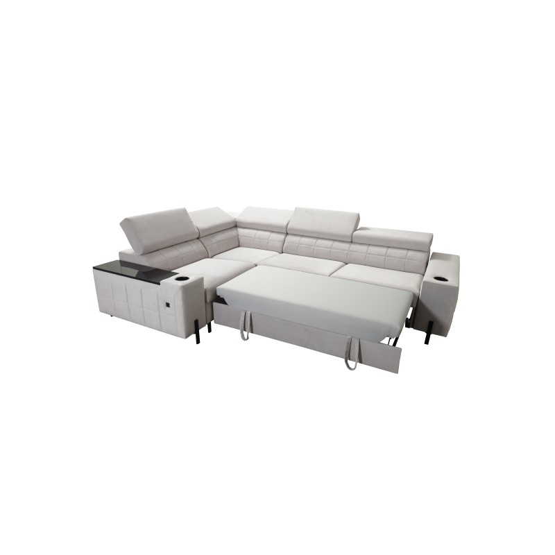 Zetta II corner sofa with a sleeping function, bar, storage for bedding, and USB port - Velvet, Jaguar 2167