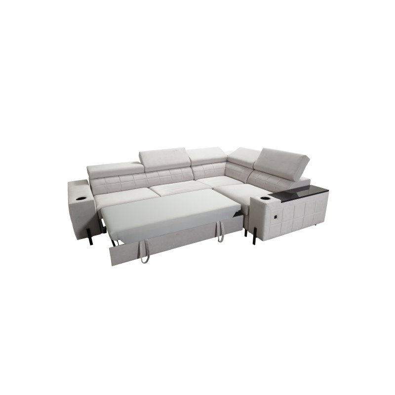 Zetta II corner sofa with a sleeping function, bar, storage for bedding, and USB port - Velvet, Jaguar 2183