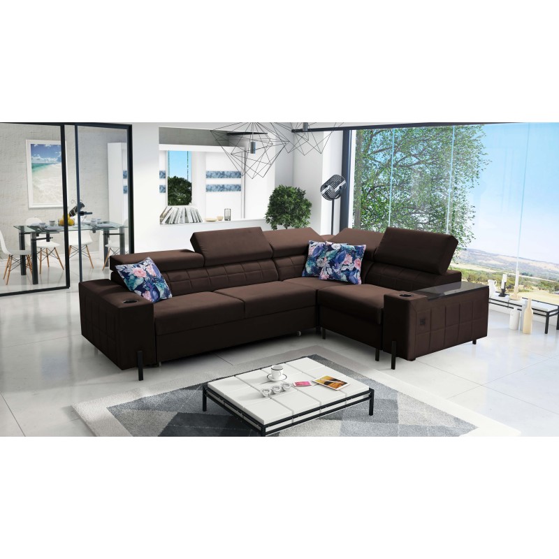 Zetta II corner sofa with a sleeping function, bar, storage for bedding, and USB port - Velvet, Jaguar 2180