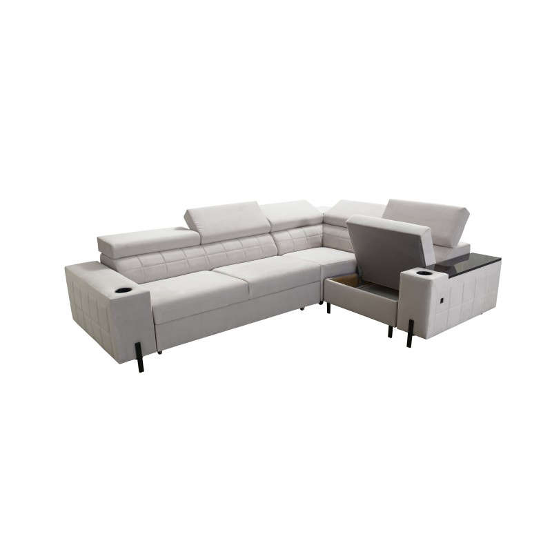 Zetta II corner sofa with a sleeping function, bar, storage for bedding, and USB port - Velvet, Jaguar 2180