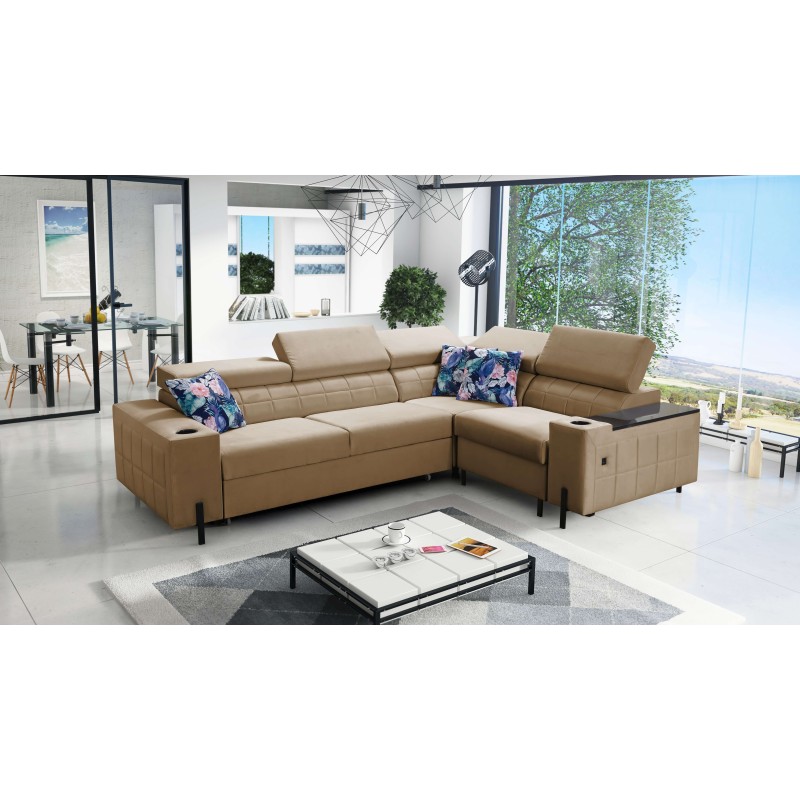 Sofá esquinero Zetta II con función de cama, bar, contenedor para ropa de cama y puerto USB - Velvet, Jaguar 2176