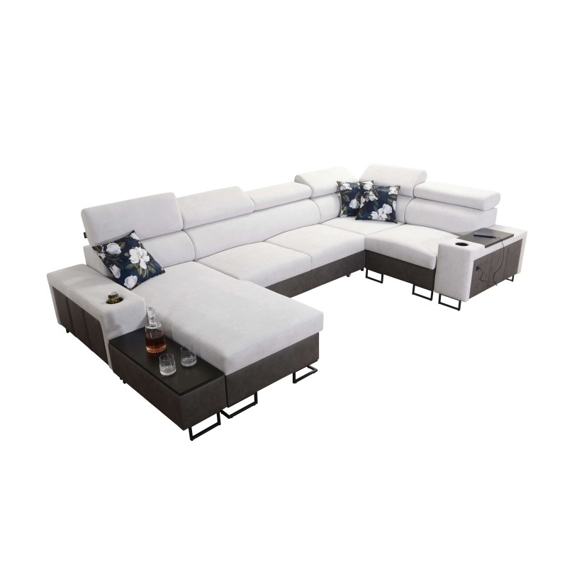 U-shaped corner sofa Prestige IV maxi with a sleeping function and USB port | Soft to the touch, Freya 210.11 + Tauro 8207