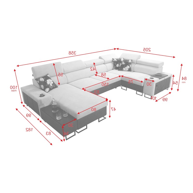 U-shaped corner sofa Prestige IV Maxi with sleeping function and USB port | Soft to touch, Freya 210.24 + Tauro 8207