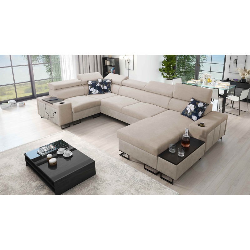 U-shaped corner sofa Prestige IV maxi with a sleeping function and USB port | Soft to the touch, Freya 210.04 + Tauro 8203