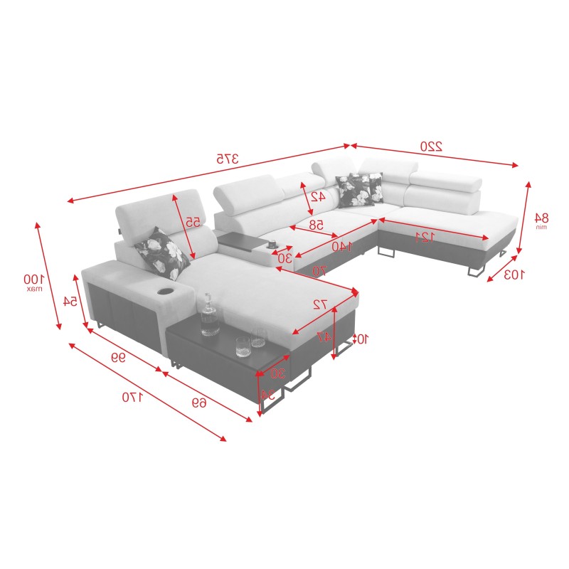 U-förmiges Ecksofa Prestige V mit Schlaffunktion und USB-Anschluss | Möbel von hoher Qualität