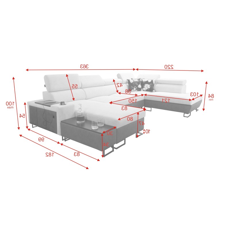 U-shaped corner sofa Prestige VI with a sleeping function, Soft to the touch, Freya 210.02 + Tauro 8202, USB port - Luxury in yo
