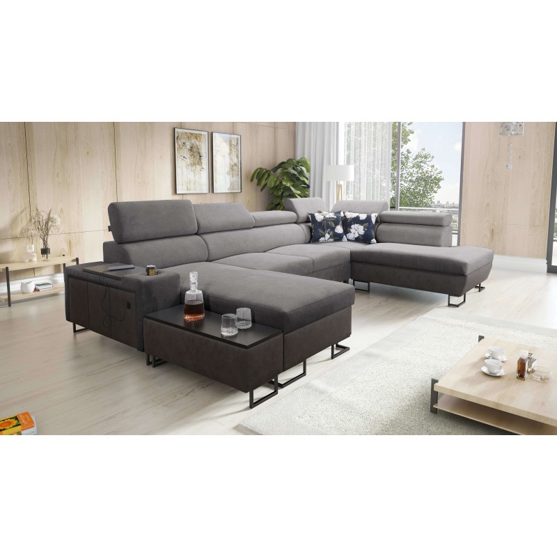 Sofá esquinero en forma de U Prestige VI con función para dormir, suave al tacto, Freya 210.23 + Tauro 8207, puerto USB - Lujo e