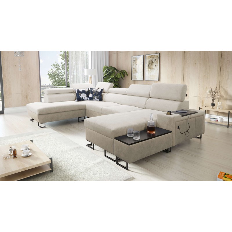 Sofá esquinero en forma de U Prestige VI con función de cama, Suave al tacto, Freya 210.02 + Tauro 8203, puerto USB - Lujo en tu