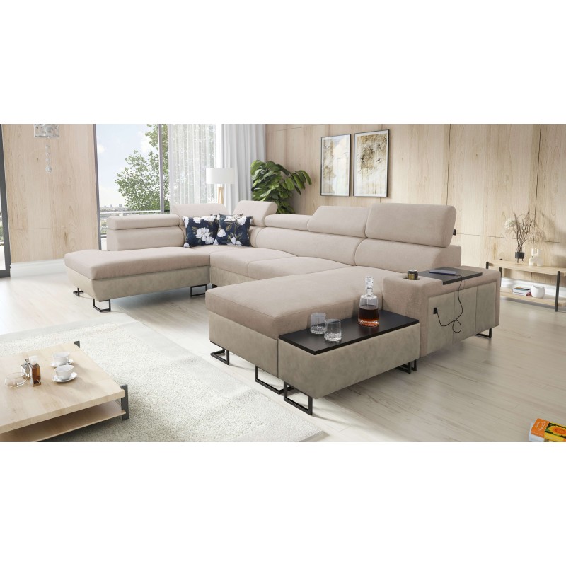Sofá en forma de U Prestige VI con función para dormir, Suave al tacto, Freya 210.04 + Tauro 8203, puerto USB - Lujo en tu sala 