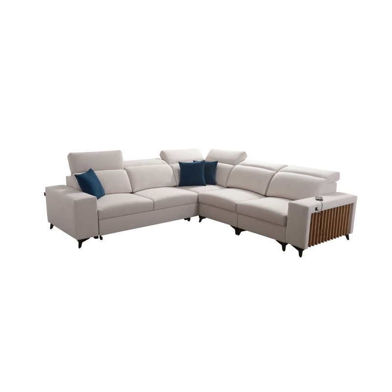 Das Ecksofa Alto III mit Latten, Schlaffunktion und verstellbaren Kopfstützen in Stoff Plecionka, Sawana 25.